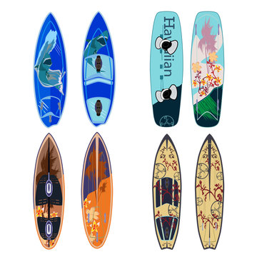 Vector flat set of surfing boards in flat style