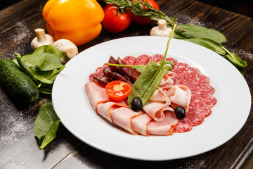 Dish with sliced meat products