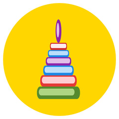 Icons pyramid of toys in the flat style. Vector image on a round colored background. Element of design, interface.