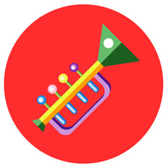 Icons trumpet of toys in the flat style. Vector image on a round colored background. Element of design, interface.