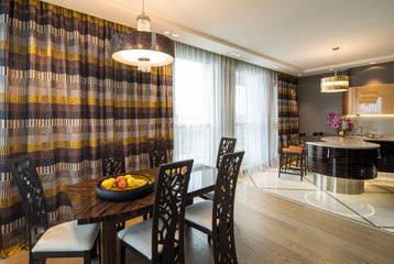 Modern flat interior, studio. Guest room, Kitchen, Dining room.