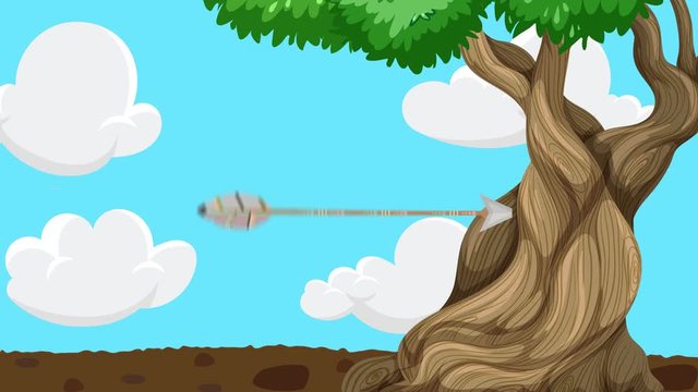 Cartoon Arrow Flying and Hitting a Tree