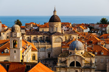 Fototapeta premium Assumption Cathedral, Church of Saint Blaise and Bell Tower in the old part in Dubrovnik, Croatia.