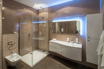 Bathroom with Shower cabin. Brown colors, contemporary interior.