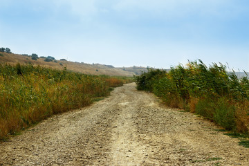 Fototapeta na wymiar Autumn path in a field with hills