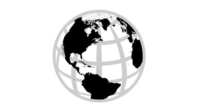 Globe Icon 360. Earth rotating 360 degrees. Highly detailed world texture. Parallels and Meridians. View of the Northern Hemisphere. Seamless Loop. Black and white.