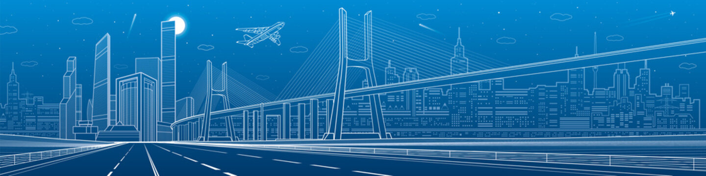Infrastructure panorama. Large cable-stayed bridge. Airplane fly. Empty highway. Night modern city on background, towers and skyscrapers, urban scene, vector design art 