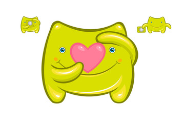 Cute cartoon green smiling baby monster with pink heart in hands
