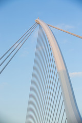 The Samuel Beckett Bridge crosses the Liffey River in Dublin. The structure, designed with a cable-stay method of suspension, is said to resemble an Irish harp.