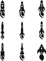 Rocket icon. Rocket silhouette. Rocket set vector. Icon design rocket, spaceships, rocket ship. Concept icons launch speed discoveries. Isolated rocket icons.