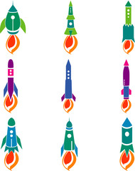 Launch icon. Colored rockets. The rocket set vector. Icon design rockets, spaceships, rocket. The concept of launching speed discoveries icons. Isolated rocket icons.