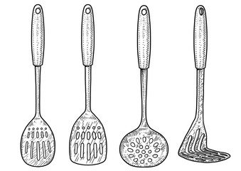 Spoon, masher illustration, drawing, engraving, ink, line art, vector