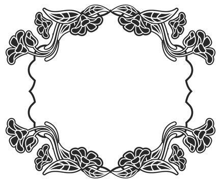 Black and white frame with flowers silhouettes.  vector clip art.