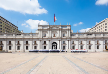 Parade near La Moneda Palace (.Palacio de La Moneda) in Santiago, Chile