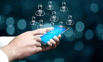 businessman hand phone and  digital virtual screen