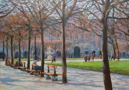 A small park in the center of paris.oil painting
