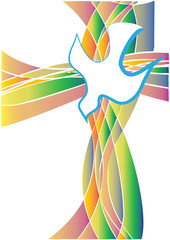 Holy Spirit symbol - a white dove with a cross made of colorful rays in church stained glass window style
