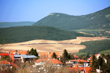 Fototapeta premium Landscape with mountain, hills, houses