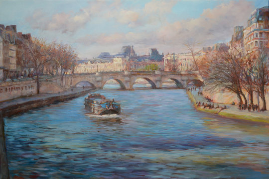 View from the bridge over the Seine river in Paris,oil painting © RomanBen