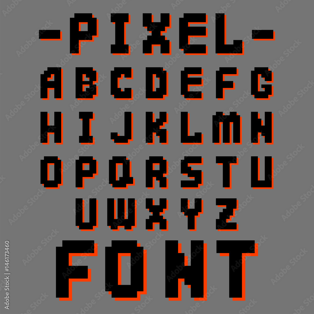 Poster pixel retro font video computer game design 8 bit letters electronic futuristic style vector abc typ