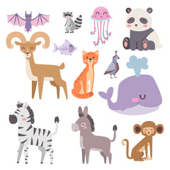 Obraz na płótnie Canvas Cute zoo cartoon animals isolated funny wildlife learn cute language and tropical nature safari mammal jungle tall characters vector illustration.
