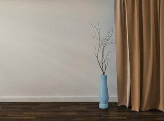 Yellow empty room interior background with glass vase. 3d render