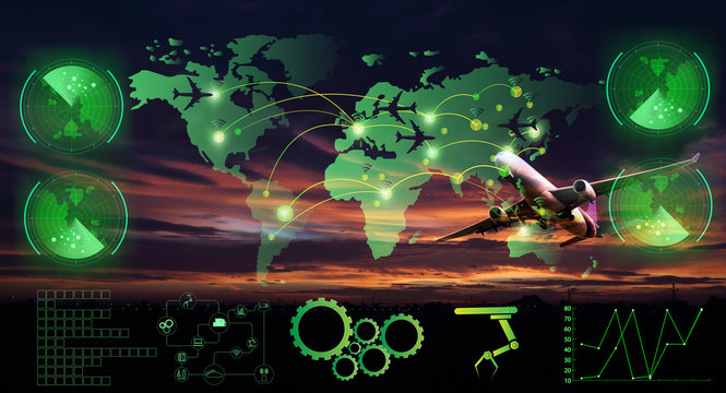 Global logistics network Web site concept, Air cargo trucking rail transportation maritime shipping On-time delivery