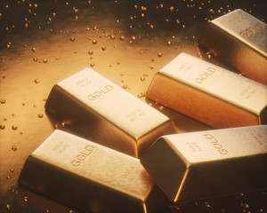 Gold bar 1000 grams, in the middle of gold nuggets. Gold exploration and mining concept.