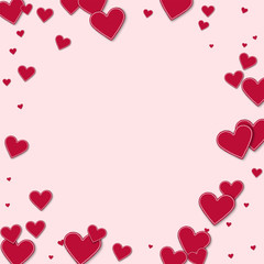 Cutout red paper hearts. Bordered frame on light pink background. Vector illustration.