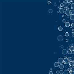 Random soap bubbles. Abstract right border with random soap bubbles on deep blue background. Vector illustration.