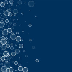 Random soap bubbles. Scatter left gradient with random soap bubbles on deep blue background. Vector illustration.