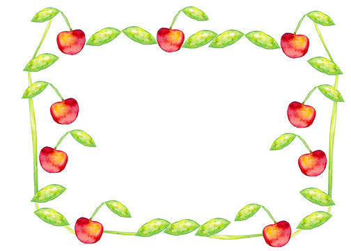 Beautiful watercolor frame with tasty red cherries, leaves and stem. Hand drawn. Illustration.