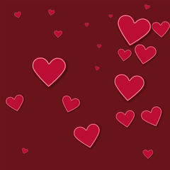 Random red paper hearts. Random scatter on wine red background. Vector illustration.