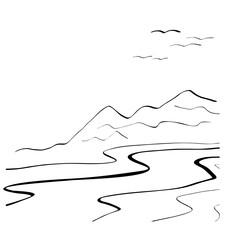 Vector of abstract view of mountain, seagull and road on white background, isolated illustration of landscape in black color, high quality