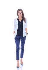 Young woman standing, isolated on white background