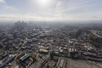 Aerial view of Chinatown and Downtown Los Angeles in Southern California.  