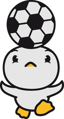 Obraz premium kopfball köpfen kopf halten balancieren team sport spielen ball fußball kicker spaß küken süß niedlich klein baby kind ente vogel comic cartoon