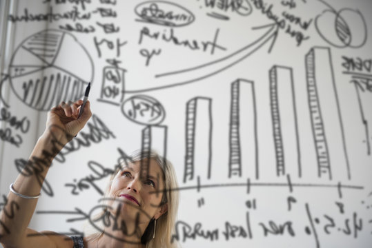Businesswoman drawing charts on glass