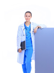 A female doctor with a blank billboard