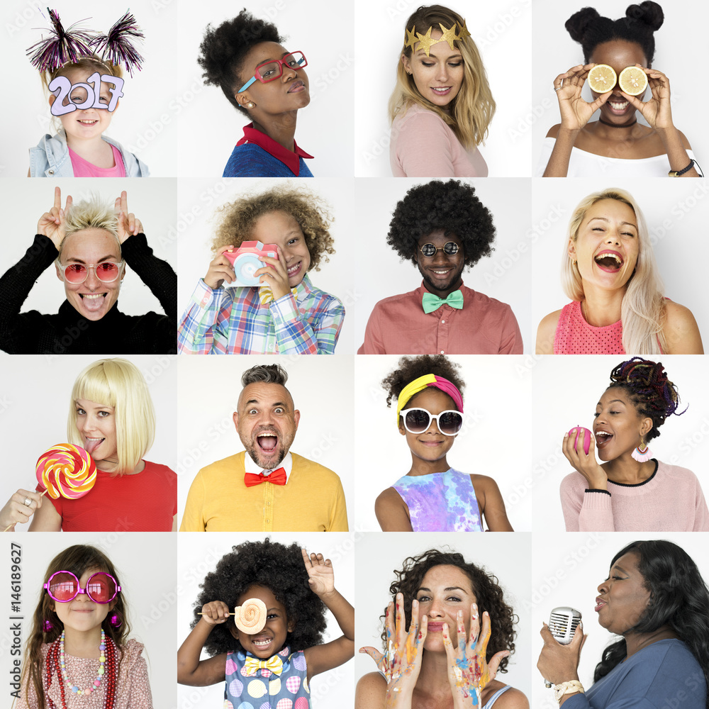 Wall mural Set of Diversity People Face Expression Lifestyle Studio Collage