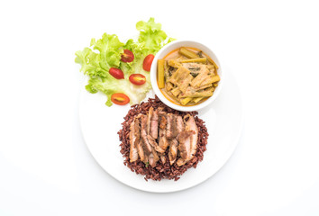 pork and curry water spinach soup with berry rice