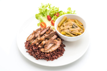 pork and curry water spinach soup with berry rice