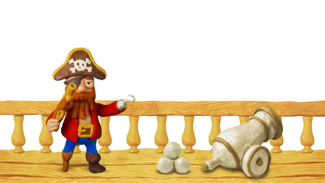 Happy Cartoon Pirate speak and Cannon. Clay animation. Alpha matte. 4K