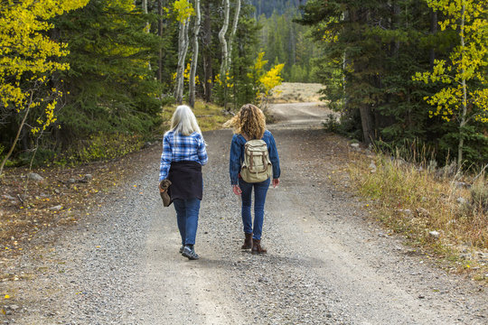 Caucasian women walking on forest path