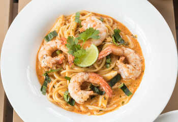 Tom Yum Spaghetti with Shrimp.