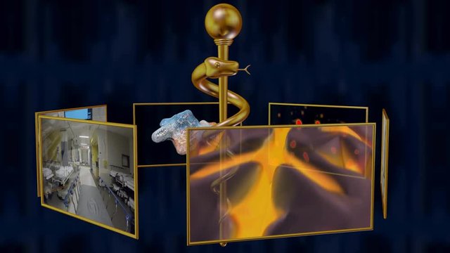 Medical science video display screens rotating around Rod , Staff of Asclepius. Medical snake symbol