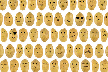 Potatoes pattern with cartoon face isolated on white background