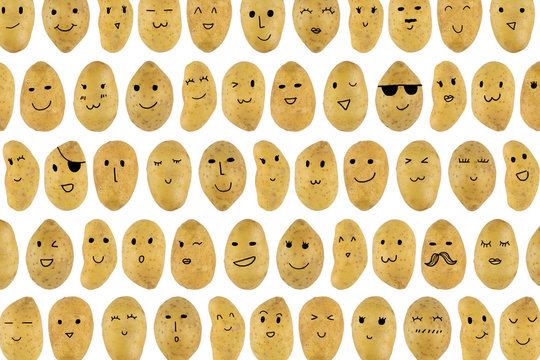 Potatoes pattern with cartoon face isolated on white background