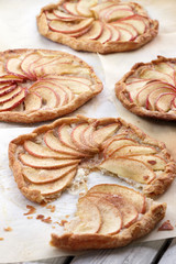 Apple pie on the thin crust with sugar and cinnamon. Apple tart with ricotta cheese and cinnamon. Round pies on the white wooden background. Apple's slices. Piece of pie.