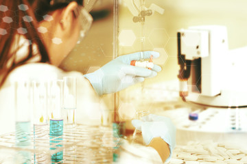 Double exposure of scientist with equipment and science experiments, science research concept